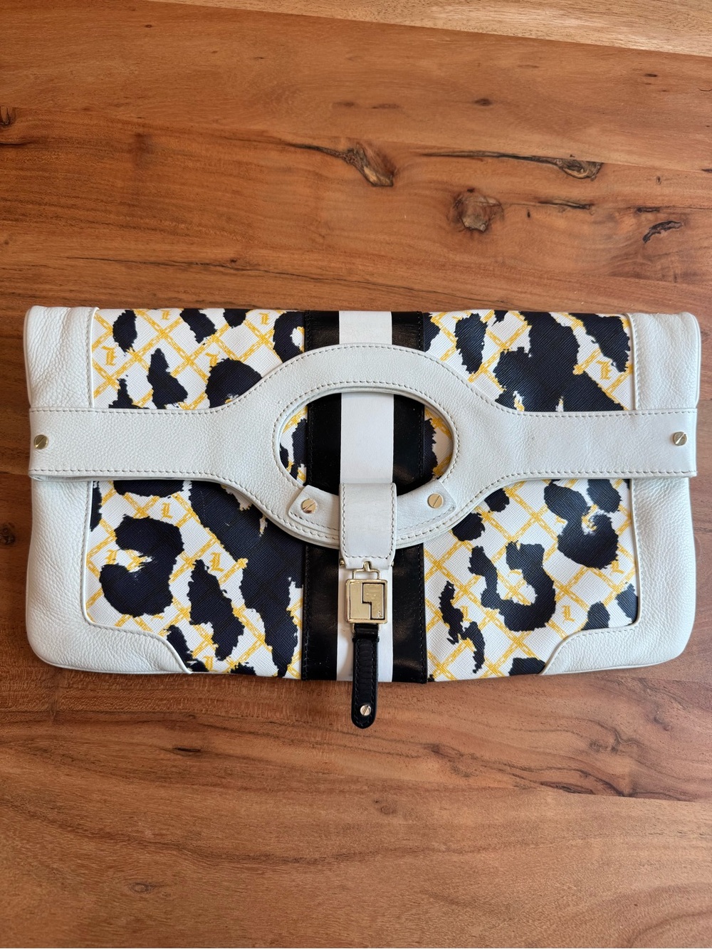 L.A.M.B. by Gwen Stefani Leopard Print Leather Clutch Purse White Black Gold - Picture 2 of 12